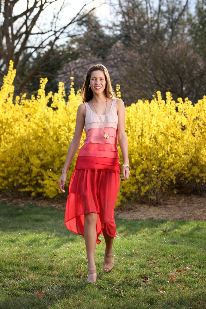 Spring fashion 2012, Rose to coral layered, colorblock cami, Malibu Doll skirt